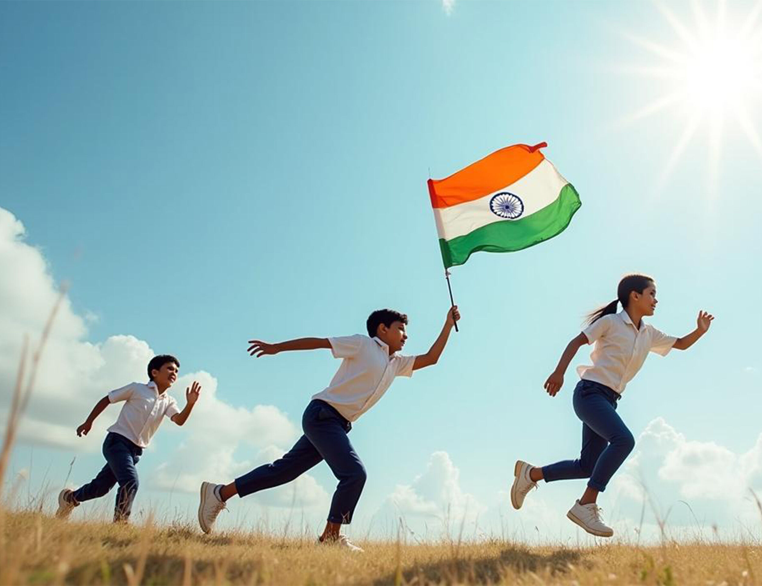school students riunning and enjoying with indian national flag in his hand on republic day 